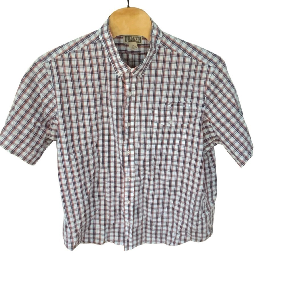 Duluth Trading Button Down Short Sleeve Shirt Mens 3XL Cotton Blue Plaid Pockets - Picture 3 of 8